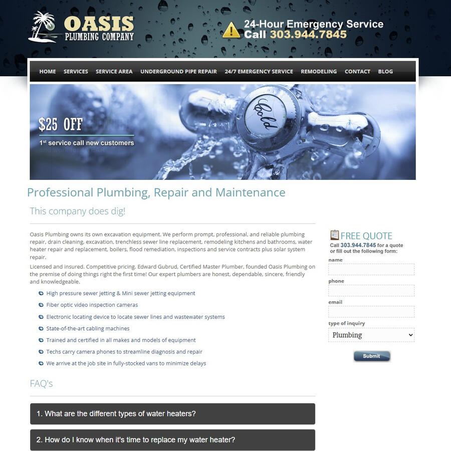 Website design for Denver Plumber Oasis Plumbing